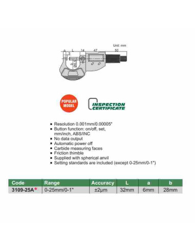 25mm, Skaitmeninis išorinis mikrometras, 0.001mm, INSIZE