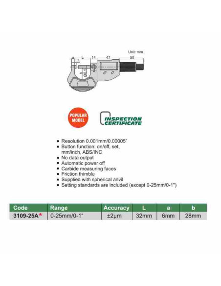 25mm, Skaitmeninis išorinis mikrometras, 0.001mm, INSIZE