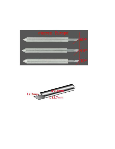 Ploteriavimo peiliukas kietmetalinis, 45°, d-2.3 mm, l-2.2 mm, L-12.7 mm