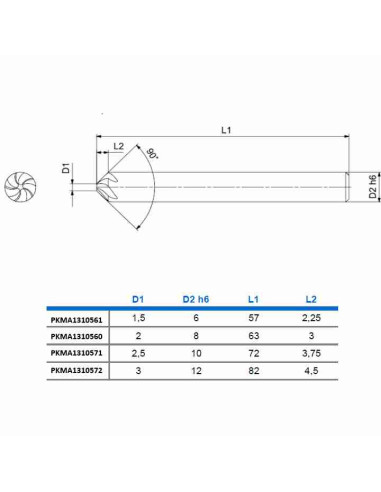 90° 10mm, D2.5, 3.75x10x72, Z5, DLC, Briaunų freza. CARBIDEN