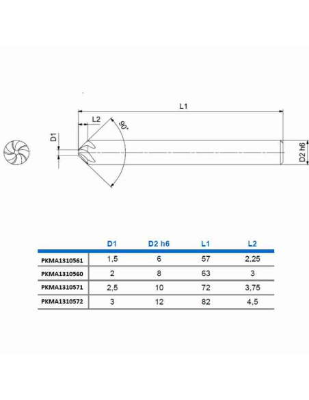 90° 10mm, D2.5, 3.75x10x72, Z5, DLC, Briaunų freza. CARBIDEN